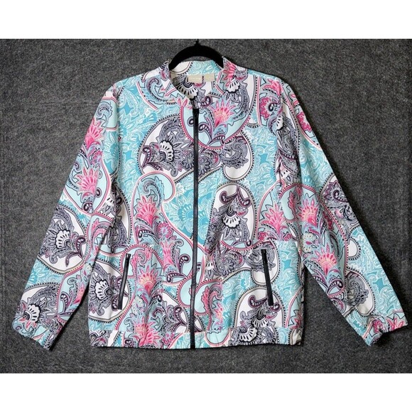 Chico's Zenergy Paisley Print Full Zip Windbreaker Jacket Blue Pink Size 2 / L - Picture 2 of 7